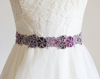 Dark Purple Beaded Lace Sash, Two tone of Purple Lace Bridal Sash, Bridesmaid Sash, Flower Girl Sash, Purple Lace Headband