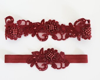 Wedding Garter Set, Burgundy Beaded Lace Wedding Garter Set, Wine Lace Garter Set, Burgundy Wedding Garter Belt