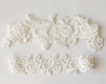 Pearl Beaded Lace Wedding Garter Set: Ivory Bridal Garter