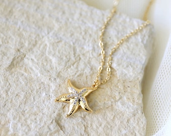Gold Starfish Pendant Necklace: Dainty Cubic Zirconia Charm