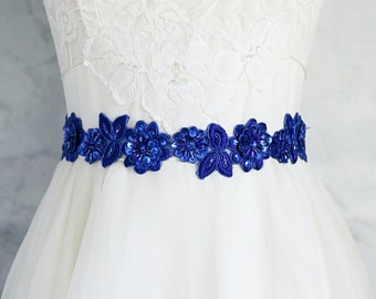 Royal Blue Beaded Lace Sash, Royal Blue Lace Headband, Bridal Headband, Bridesmaid Sash, Flower Girl Sash