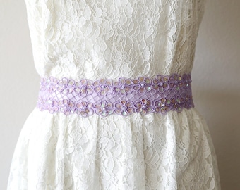 Lavender Sequined Lace Sash Belt, Bridal Lavender Beaded Lace Sash,Bridesmaid  Sash, Flower Girl Sash Belt, Lavedner Lace Wedding Sash