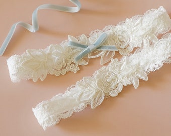 Ivory Lace Wedding Garter Set: Something Blue, Floral Embroidery