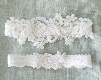 Wedding Garter Set,White Pearl Beaded Lace Wedding Garter Set, white Lace Garter Set, White Bridal Garter Belt, White Toss Garter, GT-44