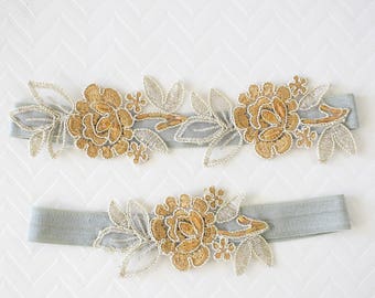 Light Gold and Tan Embroidery Flower Lace Wedding Garter Set with Sage Green Elastic, Champagne Wedding Garter Set/ GT-34