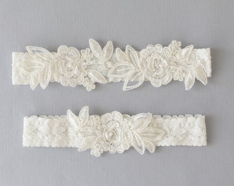 Wedding Garter, Ivory  Embroidery Flower Lace Wedding Garter Set, Ivory Garter Set, Wedding Toss Garter -34A