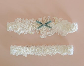 Dusty Blue Bow Wedding Garter, Something Blue Ivory Lace Garter Set, Wedding Garter Set, Bridal Garter Belt