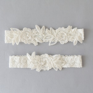 Wedding Garter, Ivory Embroidery Flower Lace Wedding Garter Set, Ivory Garter Set, Wedding Toss Garter 34A image 1