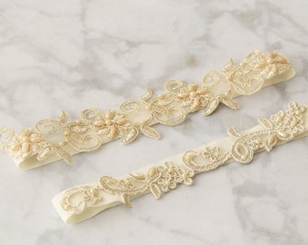 Wedding Garter, Light Gold Pearl Beaded Lace Wedding Garter Set, Ivory Lace Garter Set, Light Gold  Wedding Garter, Champagne Wedding Garter