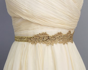Gold Leaf Lace Elastic Belt, Bridal Gold Belt , Bridesmaid Gold Belt, Gold Lace Wedding Belt