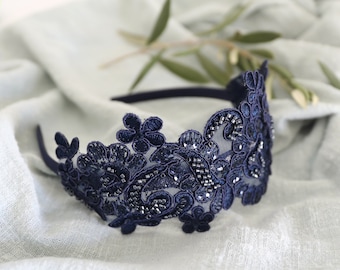 Navy Blue Lace Headband, Navy Beaded Lace Headband , Bridal Navy Headband, Navy Lace Headband