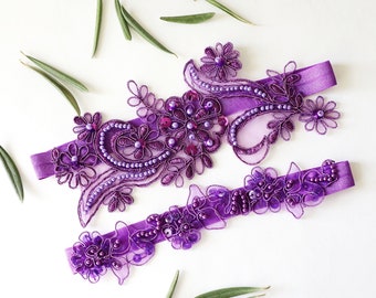 Purple Beaded Lace Wedding Garter Set,Purple Lace Garter, Purple Toss Garter, Wedding Garter Belt, Wedding Garter, Prom Garter / GT-65