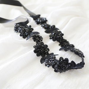 Black Beaded Lace Sash, Black  Lace Headband ,  Bridal Headband, Bridesmaid Sash, Flower Girl Sash,Black Lace Sash Belt /SH-08