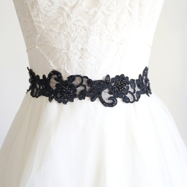 Black Beaded Lace Sash, Bridal Sash, Bridal Black Sash, Bridesmaid Sash, Flower Girl Black Sash