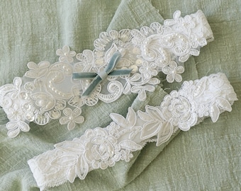 White Wedding Garter With Blue Bow,Pearl Beaded Lace Wedding Garter, Something Blue,Bridal Wedding Garter