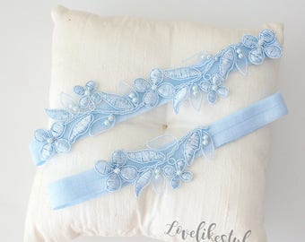 Light Blue Flower Lace Wedding Garter: Embroidered Bridal Garter Set