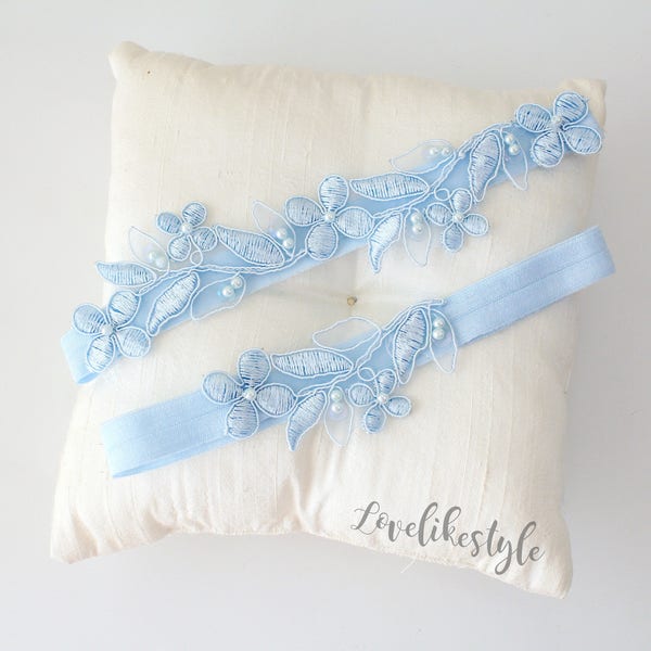 Light Blue Embroidery Flower Lace Wedding Garter, Light Blue Garter Set, Blue Single Garter,Something Blue  / GT-1806