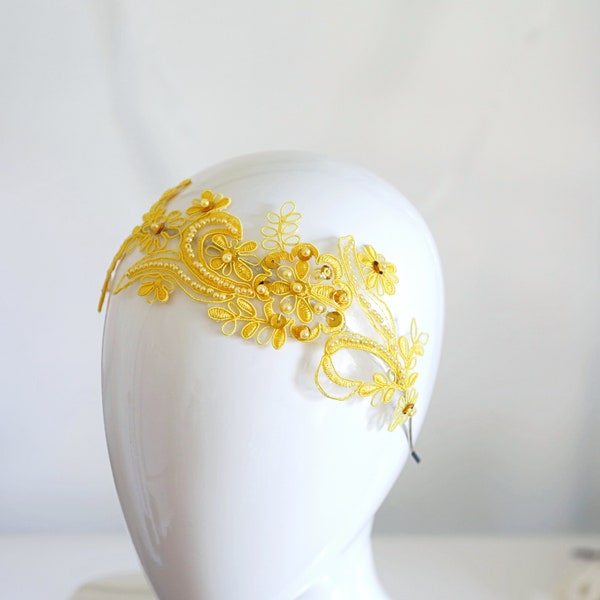 Yellow Beaded Lace Headband, Bridal Yellow Headband, Bridesmaid Yellow Headband, Yellow Hair Band