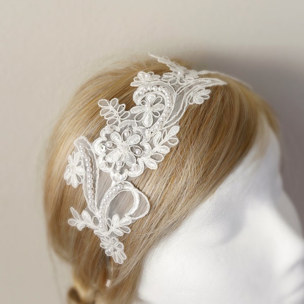 Ivory Wedding Headband,Ivory Pearl Beaded  Lace Headband, Ivory Hair Band, Bridal Ivory Headband, Ivory Lace Head Piece