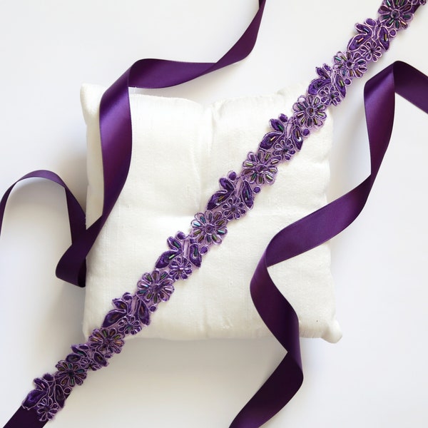 Ceinture en dentelle perlée violet foncé, ceinture de mariée dentelle prune, ceinture demoiselle d'honneur, ceinture de fille d'honneur, bandeau en dentelle violet