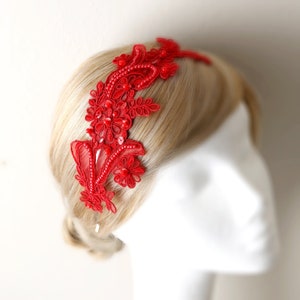 Red Pearl Beaded Lace Headband: Bridal Hair Accessory