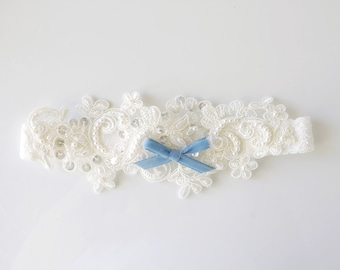 White Wedding Garter With Blue Bow,Pearl Beaded Lace Wedding Garter, Something Blue,Bridal Wedding Garter