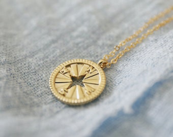 Gold Compass Round Charm Necklace, Compass Necklace, Birthday Gift, Bridesmaid Gift, Graduation Gift, Mothers Day Gift