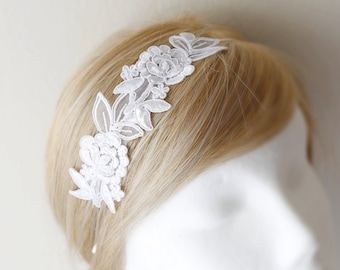 White Beaded Flower Lace Headband,Bridal White Headband,White Lace Hair Band,Flower Girl Headband