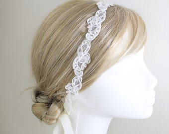 Skinny Ivory Sequince and Pearl Beaded Lace Headband, Ivory Head Tie,Bridal Hair Accessories, Bridesmaid Headband, Prom Headband