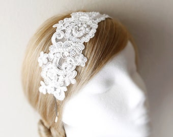 White Pearl Beaded Lace Headband, Bridal Hair Band, White Lace Head Piece, Bridesmaid Headband, Prom Headband, HB-40