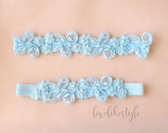 Blue Wedding Garter, Something Blue, Light Blue Beaded Lace Wedding Garter Set , Ivory Lace Garter Set, Wedding Garter