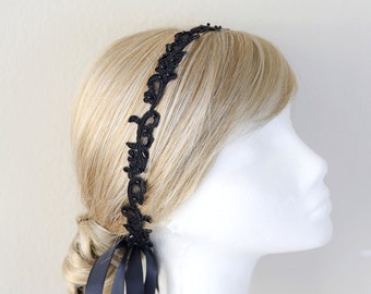 Skinny Black Beaded Flower Lace with Black  Ribbon Head Band / Skinny Lace Sash, Bridal Sash, Bridesmaid Sash