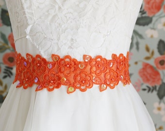 Orange Beaded Lace Sash, Bridal Sash, Bridal Orange Sash, Bridesmaid Sash, Flower Girl Sash