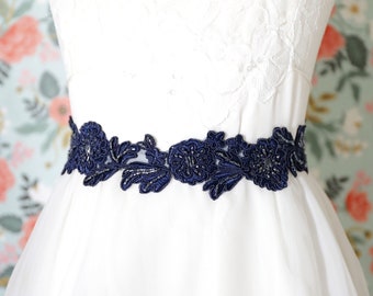 Navy Beaded Lace with Navy Satin Ribbon Sash, Bridal Sash, Bridesmaid Sash, Flower Girl Sash Navy Blue  Sash