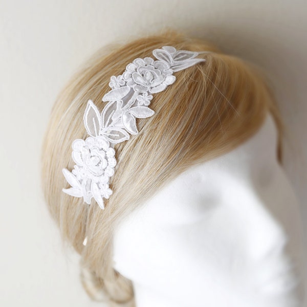 White Beaded Flower Lace Headband,Bridal White Headband,White Lace Hair Band,Flower Girl Headband