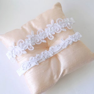 White Beaded Lace Wedding Garter Set, White Lace Garter Set, White Toss Garter, White Bridal Garter Belt / GT-21A image 1