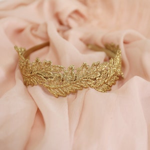 Gold Leaf Lace Bridal Headband: Champagne Satin