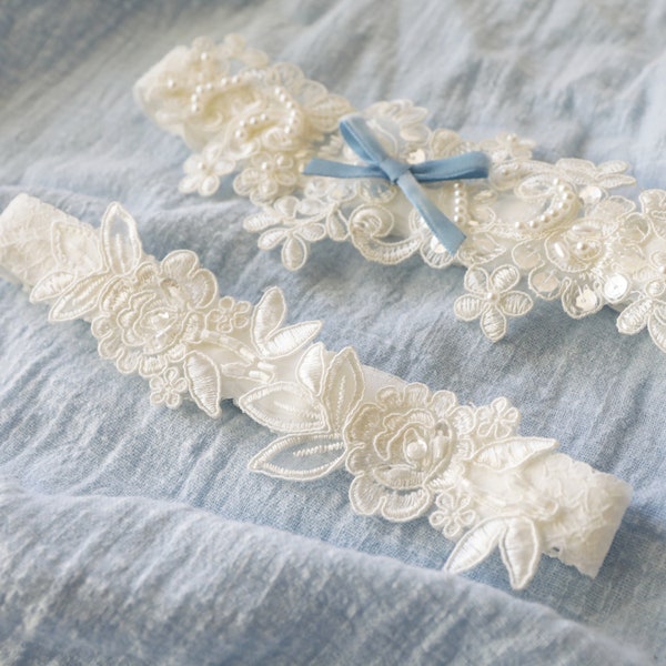White Wedding Garter With Blue Bow,Pearl Beaded Lace Wedding Garter, Something Blue,Bridal Wedding Garter