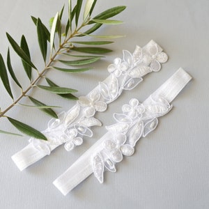 White  Wedding Garter Set, White Embroidery Flower Lace Wedding Garter, Ivory Wedding Garter Belt,Something Blue  / GT-1807
