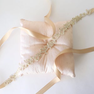 Skinny Light Gold Beaded  Lace with Champagne Ribbon Sash, Light Gold Lace Headband, Flower Girl Sash,Item No 44