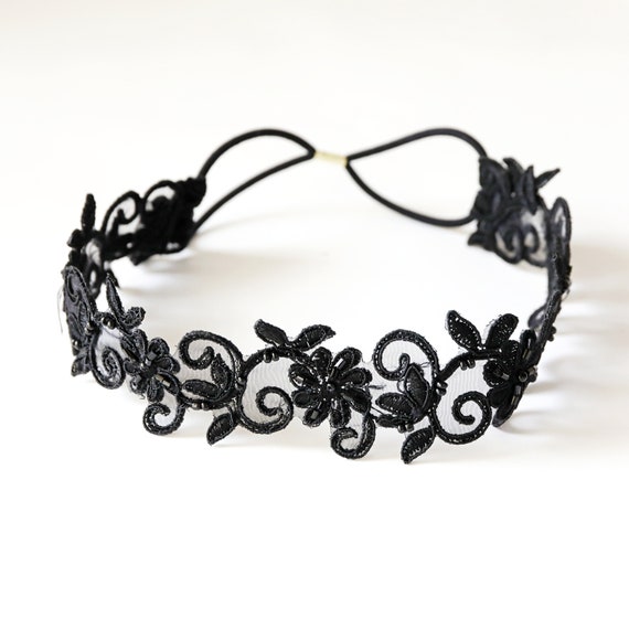 Black Beaded Lace Elastic Headband Bridal Black Headband | Etsy