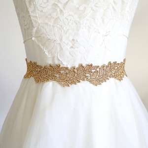 Gold Leaf Wedding Sash: Metallic Lace Bridal Belt