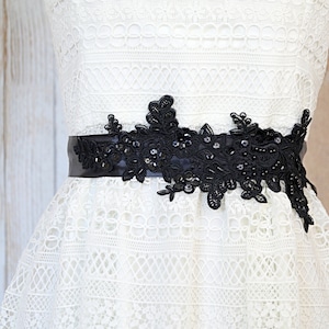 Black Beaded Lace Sash, Bridal Sash, Bridesmaid Sash, Black Wide Lace Sash, Black Lace Sash Belt