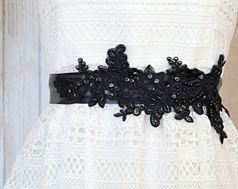 Black Beaded Lace Sash, Bridal Sash, Bridesmaid Sash, Black Wide Lace Sash, Black Lace Sash Belt