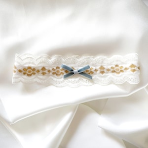 Dusty Blue Bow Wedding Garter: Off White Lace, Something Blue