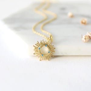 Gold Sunburst Necklace: Turquoise Stone Pendant, Gold Plated Brass Chain