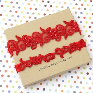 Red Beaded Lace Wedding Garter Set: Keepsake & Toss Garters
