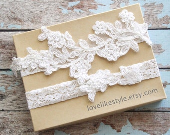 Ivory Pearl Beaded Lace Wedding Garter Set ,Ivory Lace Garter Set, Toss Garter , Keepsake Garter, / GT-46IV