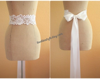 White Embroidery with Beaded Lace Sash , Bridal White Sash , Bridemaid White Sash, White Lace Sash Belt