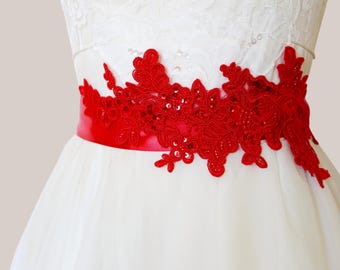 Cintura da sposa in pizzo con perline rosse: cintura da damigella d'onore